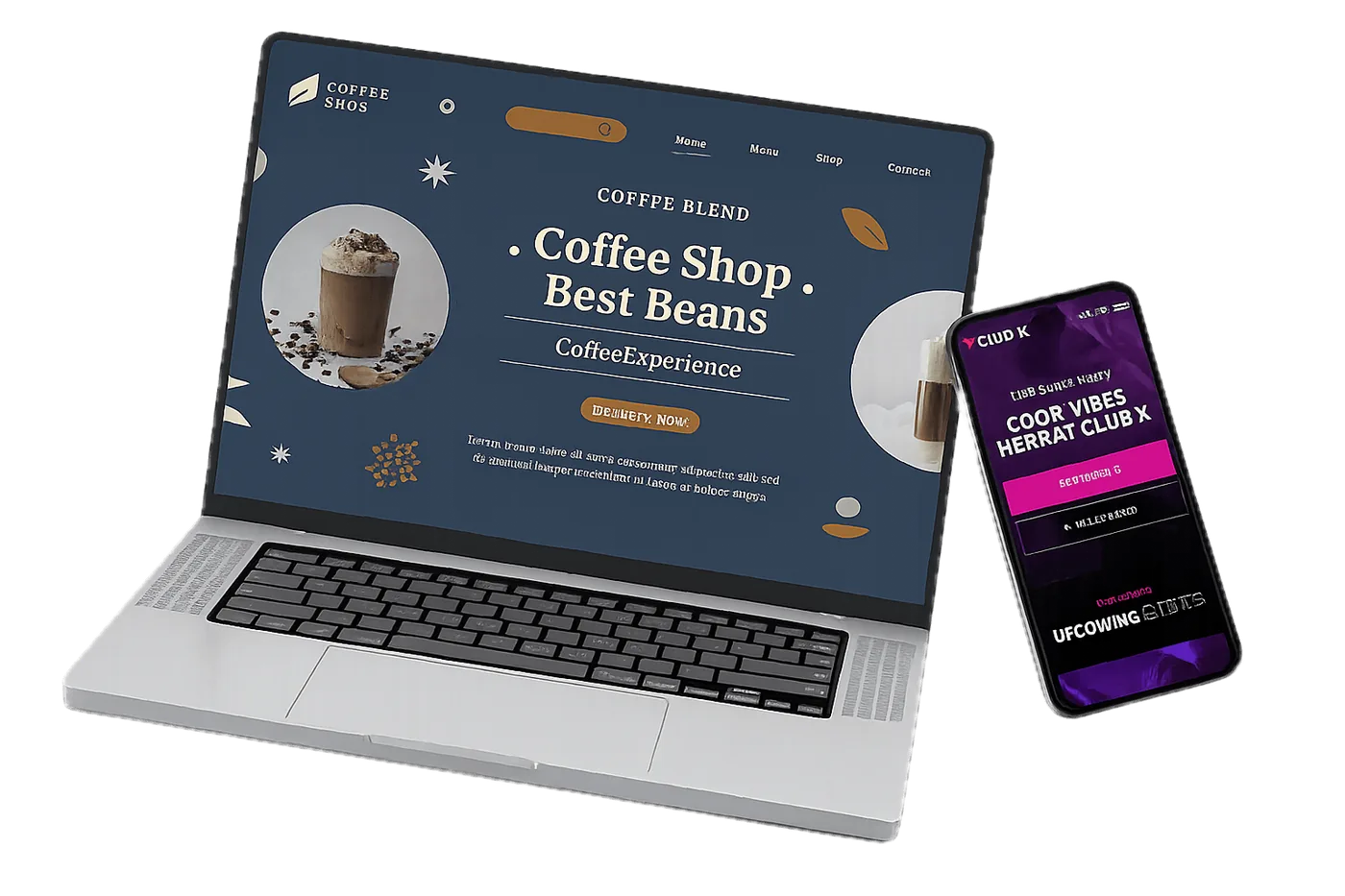 A coffee shop website kept up to date by Website Upkeep, on a laptop and a phone