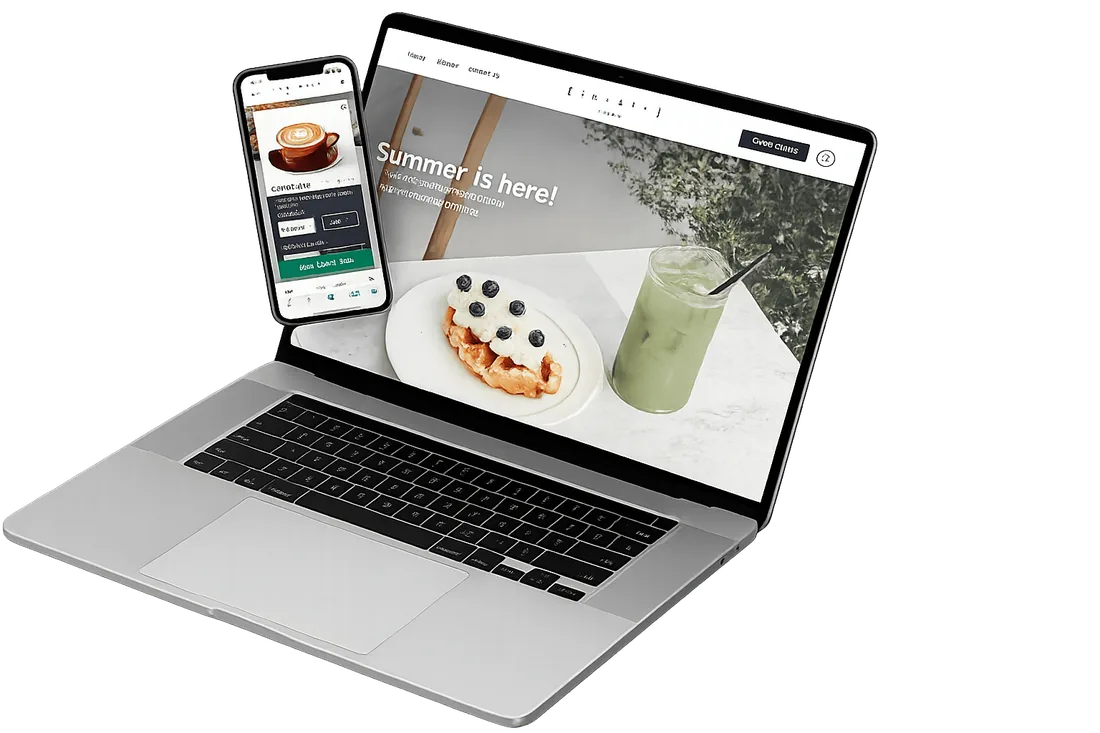 A cafe website on a laptop and phone, kept current by a care plan