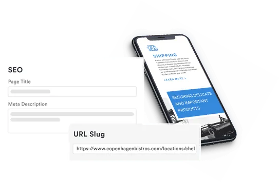 SEO page title and meta description settings next to a mobile search result
