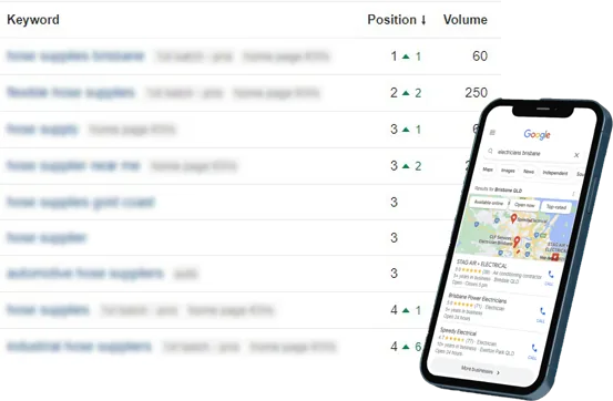 Keyword ranking report beside a local map search on a phone